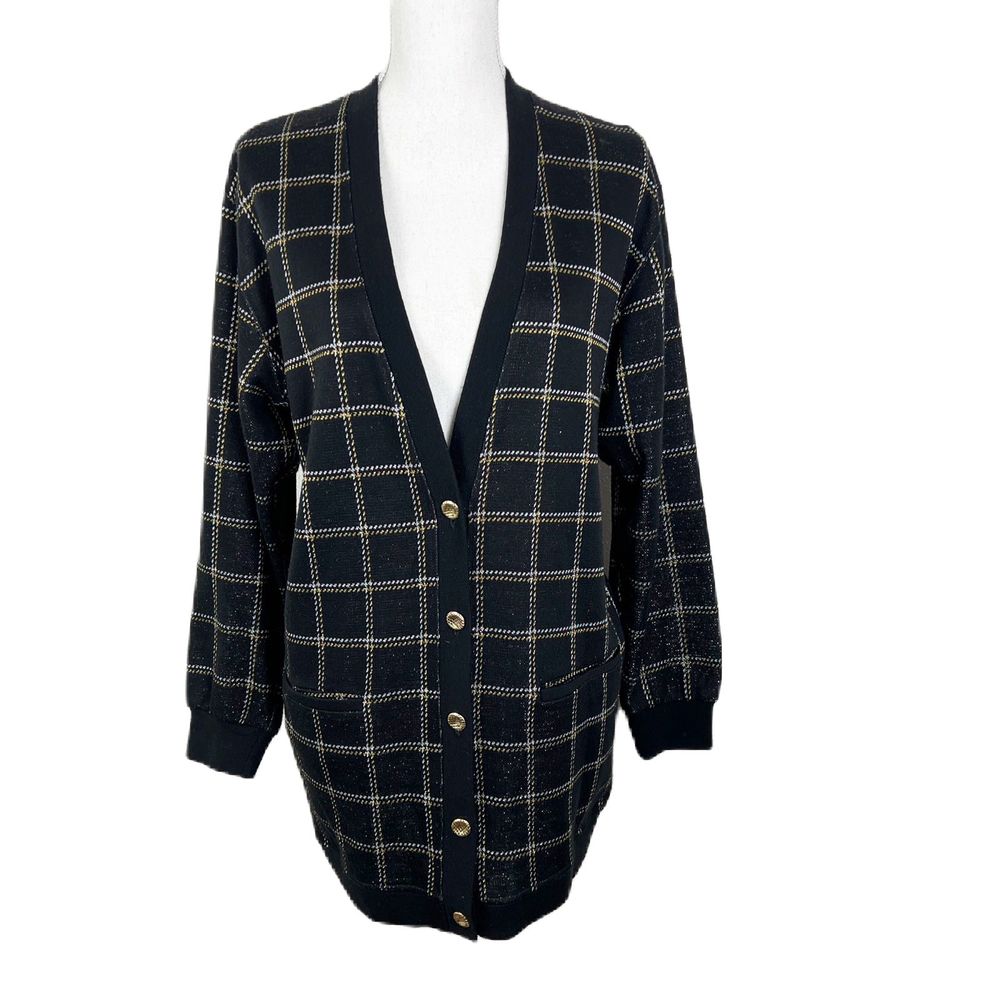 Ship'n Shore Sweater Women Medium Black Gold Plaid Button Up Cardigan Metallic